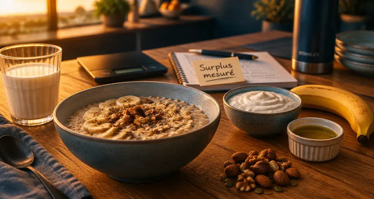 Alimentation pour une prise de masse : surplus maîtrisé, porridge, lait, skyr, banane et oléagineux