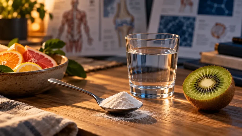 Collagène et vitamine C : un duo utile, sans promesse de peau neuve