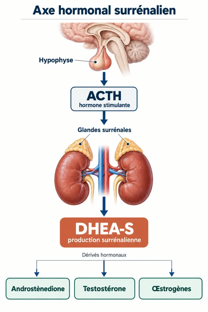 Schéma hormonal expliqué avec la prise de sang SDHEA, l’ACTH et les glandes surrénales