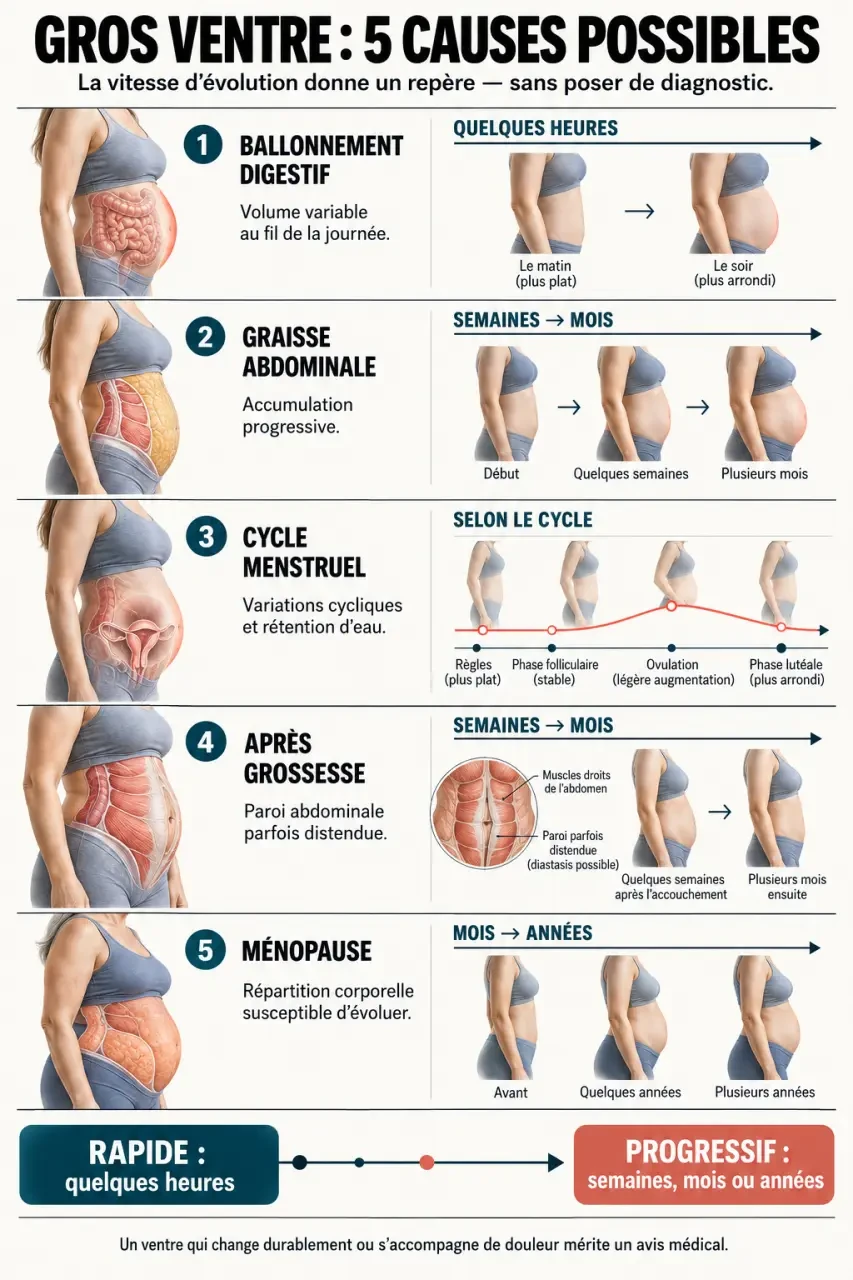 Infographie sur les causes possibles d’un gros ventre femme : ballonnements, graisse abdominale, cycle, ménopause et après grossesse