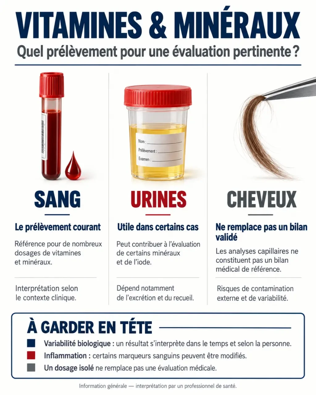 Bilan sanguin vitamines et minéraux : comparaison des prélèvements sanguin, urinaire et capillaire