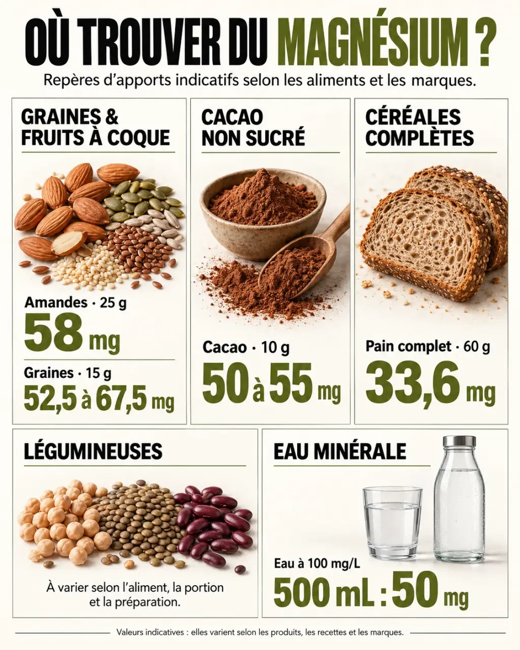 Où trouver du magnésium : infographie des aliments riches et des portions courantes