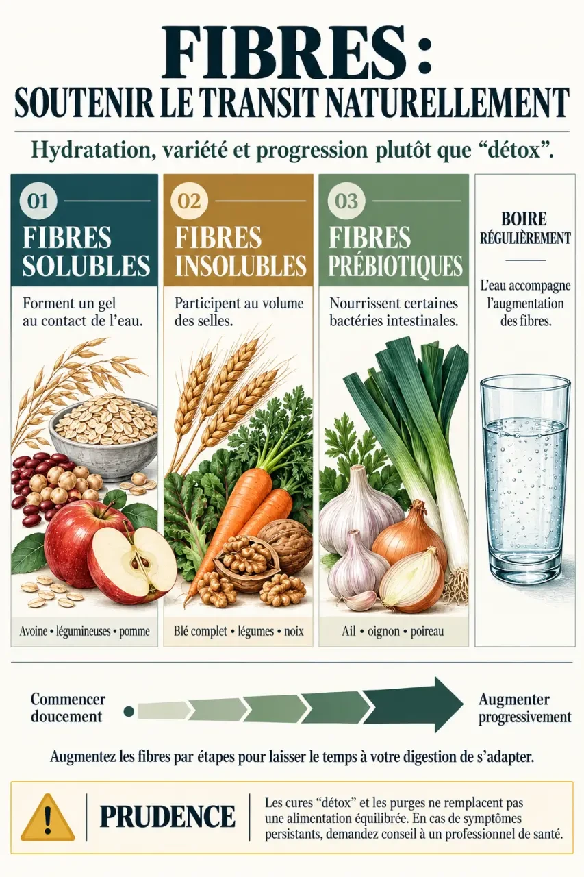 Nettoyage intestinal naturel : fibres solubles, insolubles, prébiotiques et hydratation
