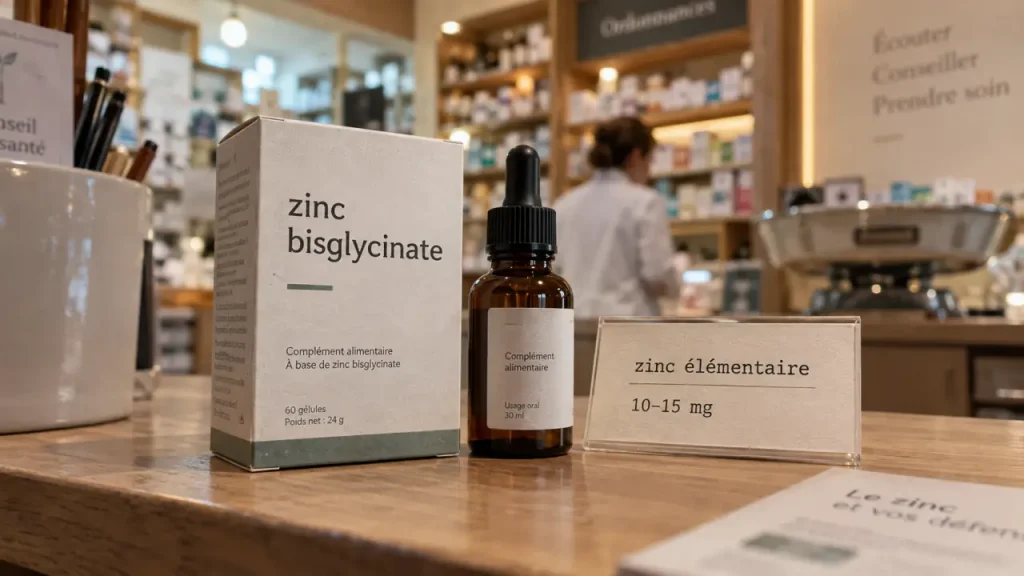 Le zinc bisglycinate est souvent le meilleur choix en pharmacie, à condition de vérifier le dosage